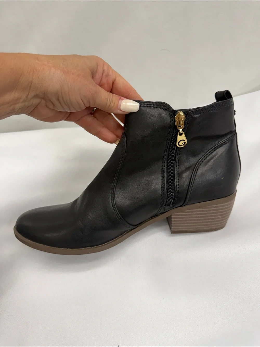 G by Guess Black Leather Ankle Booties with Gold Zip Pull